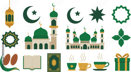 Flat design Ramadan Islamic icon set with mosque, crescent moon, lantern, Quran, dates, coffee cups and gift illustration