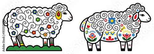 Two stylized sheep featuring intricate polish folk embroidery and floral ornaments