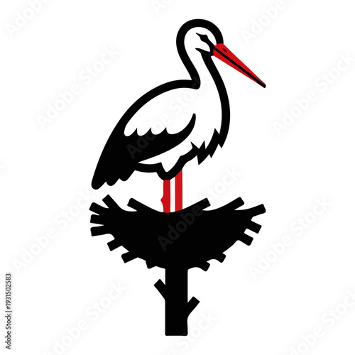 Stylized stork standing in a nest as a symbol of polish countryside and nature