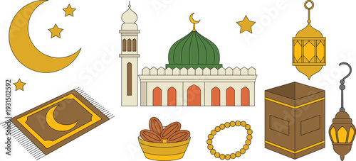 Flat minimalist Ramadan illustration with crescent moon, mosque, Kaaba, lantern, prayer mat, dates and tasbih vector icon set