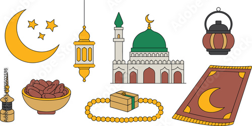 Flat minimalist Ramadan illustration with crescent moon, mosque, lantern, prayer mat, dates and tasbih Islamic vector icon set