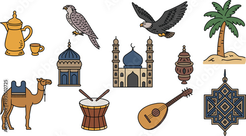 Traditional Middle Eastern cultural icons set, Arabian symbols including camel mosque coffee pot falcon and palm tree
