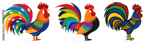 Trio of colorful roosters with vibrant tail feathers in traditional Polish folk style