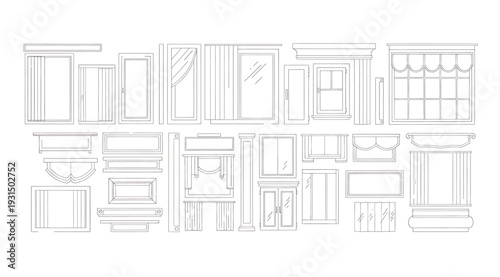 Collection of various door and window architectural line drawings and blueprints on white background