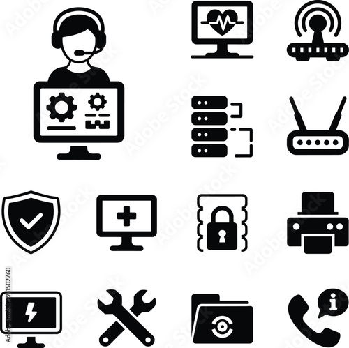 Black and white of technology and support services including a technician a server a router a printer and more