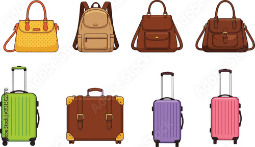 Travel Bags and Suitcases Collection with Handbag Backpack Briefcase and Rolling Luggage Colorful Vector Illustration Set for Tourism Design