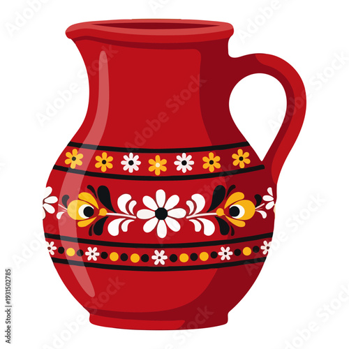 Traditional red ceramic jug decorated with white and yellow Polish folk floral motifs