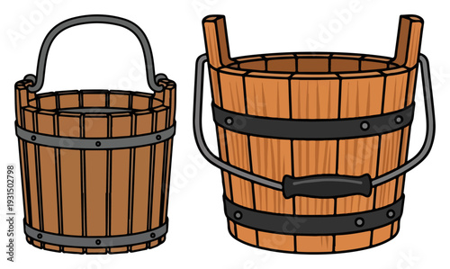 Set of two traditional wooden buckets for water or farming needs