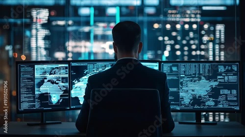 A man sits at a computer desk with multiple screens showing data analysis during nighttime in a modern office environment
