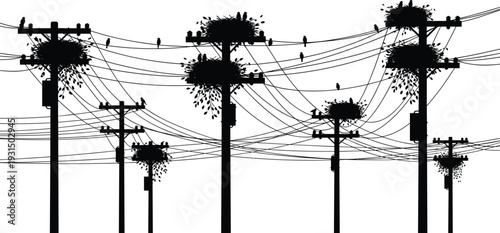 Utility Pole Silhouette Vector with Bird Nests and Tangled Power Lines featuring Crows and Storks for Urban Wildlife and Infrastructure Design