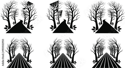 Winding Forest Path Silhouette Vector Set with Bare Winter Trees, Curved Nature Trails, Symmetrical Woodland Alleys, and Spooky Tree Branch Entrances
