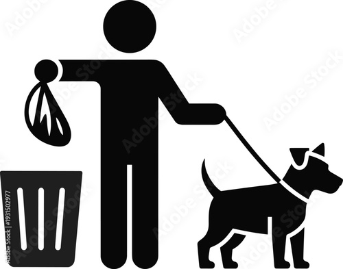Black silhouette of person walking dog and carrying plastic bag to trash can leash