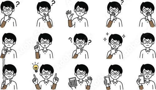 Young Man Character Expression Set with Thinking, Questioning, Idea, Explanation, and Presentation Gestures for Educational, Business, and Communication Illustrations