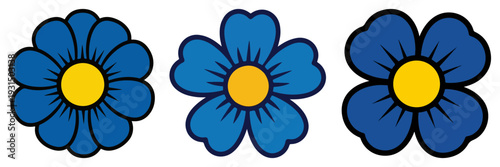 Three blue flower icons with yellow centers inspired by Slavic folk embroidery