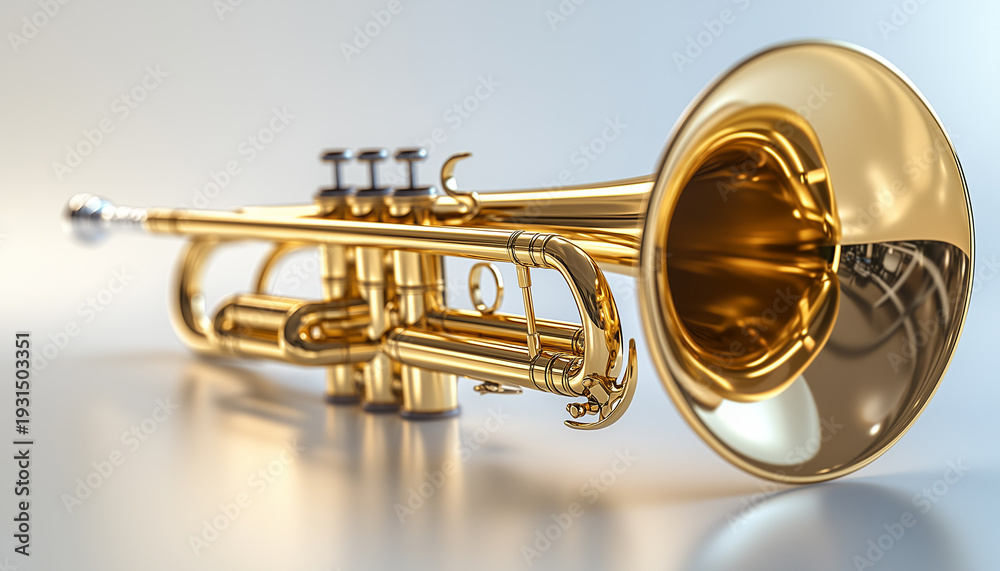 Naklejka premium Polished Brass Trumpet with Bright Metallic Shine in Clean Light Setting, Professional Music Instrument Advertising