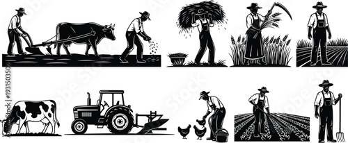 Black silhouette set of farmers working on field, plowing with ox, driving tractor, harvesting wheat, and feeding chickens in countryside