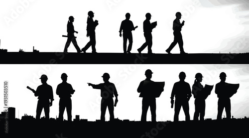 Silhouette of soldiers walking in formation on a bridge and on ground with various poses and weapons in a dramatic scene