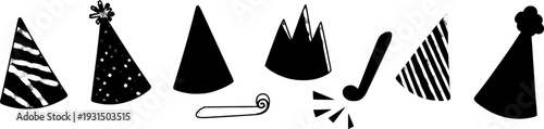 Black party hats and celebration icons in modern design