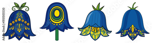 Set of four blue bellflowers decorated with intricate polish folk embroidery patterns