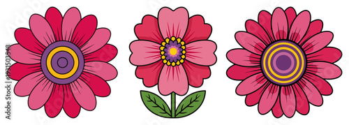 Three pink decorative daisy flowers with colorful centers in regional polish folk style