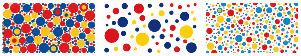 Fototapeta premium Seamless polka dot pattern backgrounds in vibrant primary colors of red blue and yellow