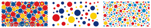 Seamless polka dot pattern backgrounds in vibrant primary colors of red blue and yellow