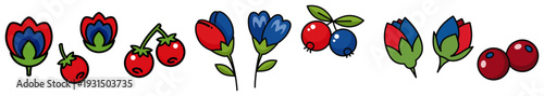 Collection of stylized floral elements and forest berries in traditional folk art style