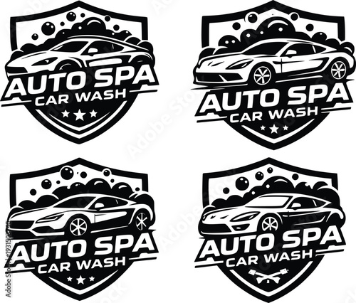 Four unique black and white logos for an auto spa car wash business