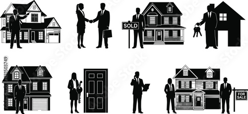 Black silhouette set of real estate agents, house for sale, sold sign, keys, and professional brokers isolated on white background
