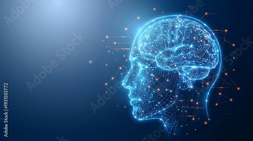 Digital human head with glowing brain circuit lines representing artificial intelligence and technology.