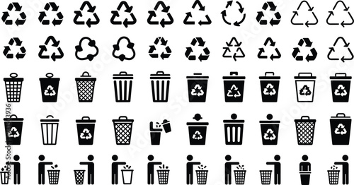 Collection of black and white recycling symbols and trash bins with various patterns and people throwing away trash