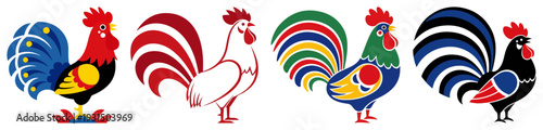 Collection of four rooster icons with diverse traditional Polish folk art patterns and colors