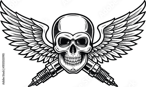 Detailed skull illustration with wings and crossed spark plugs