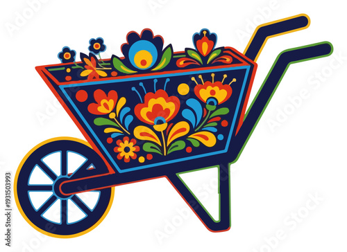Traditional wheelbarrow filled with flowers and decorated with colorful polish folk embroidery patterns