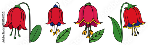 Set of stylized red bell flowers with green leaves in a clean folk art style