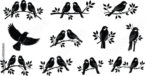Black Bird Silhouette Set on Tree Branches, Minimalist Nature Illustrations for Spring Decor, Vector Avian Elements for Elegant Graphic Design Projects.