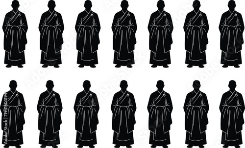 Buddhist monk silhouettes in traditional robe standing in repeated pattern, spiritual and religious concept, black vector illustration isolated on white background