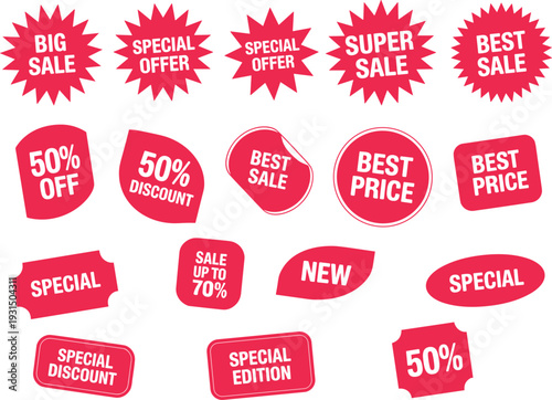 Collection of red sale and discount labels with white text in various shapes and sizes