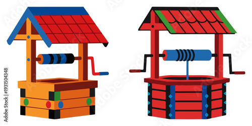Two traditional water well illustrations with roofs and cranks for rural village scenes