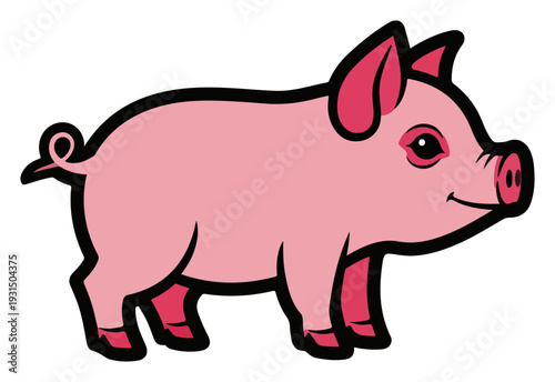 Cute pink pig farm animal character with thick black outline for children designs