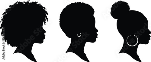 Collection of African American women silhouette profiles with natural afro, short hair and bun hairstyle, minimalist black vector illustration celebrating beauty and diversityCollection of African 