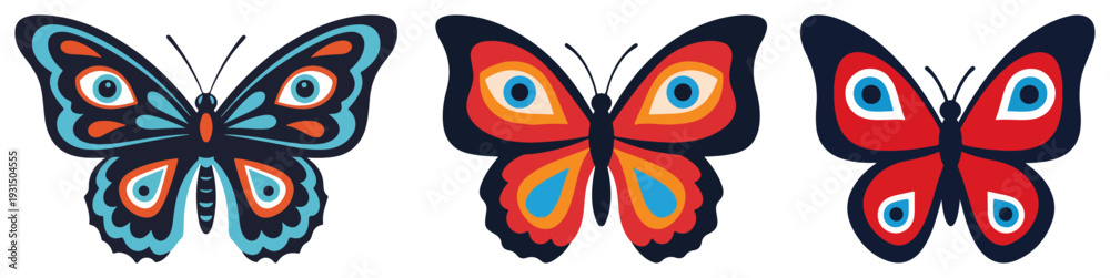 Obraz premium Set of three decorative butterflies with vibrant wing patterns in traditional folk style