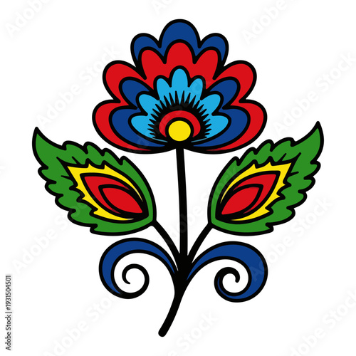 Symmetrical decorative folk flower with vibrant petals and traditional embroidery style leaves