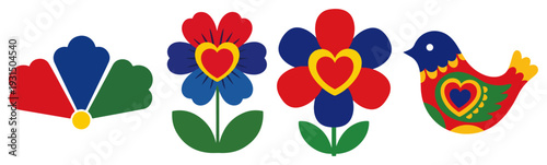 Colorful polish folk art elements including flowers hearts and a decorative bird motif