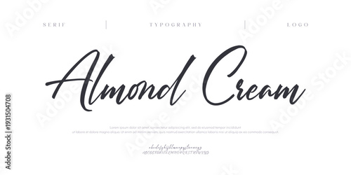 Almond Cream, Script alphabet letters font logo. Typography luxury classic lettering serif italic fonts decorative wedding vintage retro logos. vector illustration
