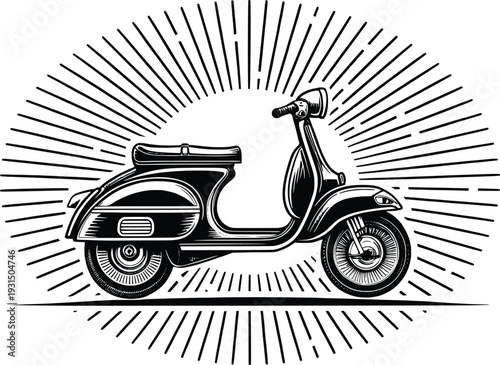 Vintage scooter with radiating lines in black and white illustration
