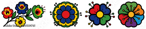 Collection of four colorful floral motifs including a branch and round flower heads in Slavic style