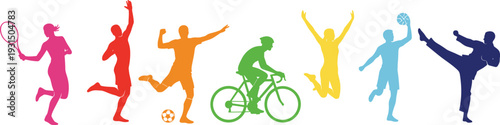 Colorful sports silhouettes collection featuring tennis, soccer, cycling, basketball and martial arts athletes, vibrant vector illustration isolated on white background