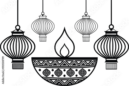 Traditional diya with hanging lanterns in black and white illustration