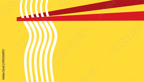 Red chopsticks holding white noodles on a vibrant yellow background.